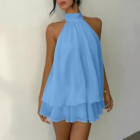 Women's Halter Neck Chiffon Mini Dress Summer Sleeveless Cocktail Party Dress Ruffle Wedding Guest Dress