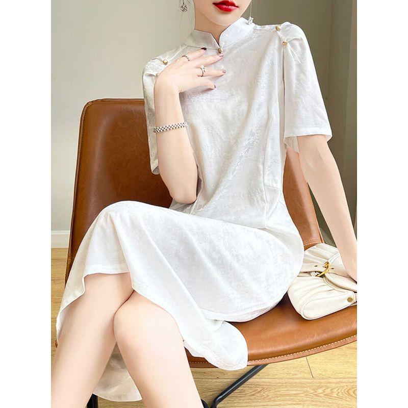 

Satin Acetate Stand Collar Pullover Short Sleeve Robe Silk White 3XL