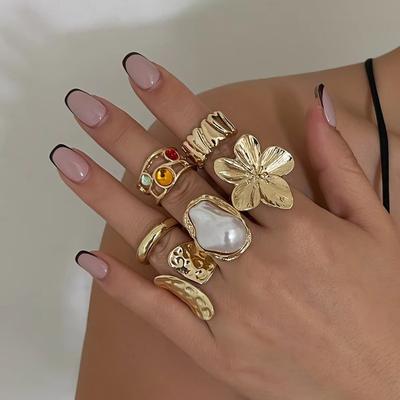 6pcs/set Imitation Pearl Metal Flower Open Rings Irregular Design Baroque Ring  Women Jewelry