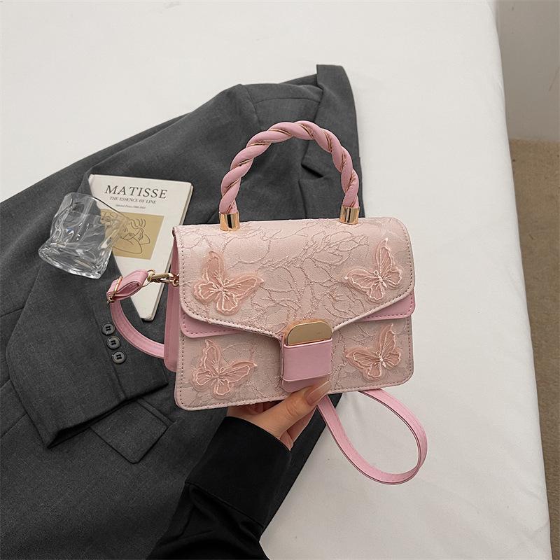 Sweet Butterfly Embroidery Square Shoulder Bags for Women Versatile Portable Ladies Crossbody Bag Simple Female Flap Handbag розовый