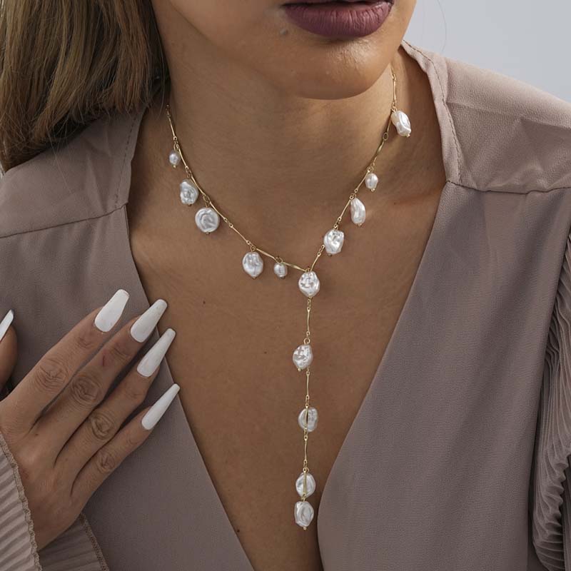 Vintage White Imitation Pearl Tassel Necklace For Women Punk Metal Irregular Long Chain Necklace Wedding Jewelry Gifts