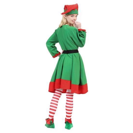 8 Pcs Women Christmas Elf Costume Set Green Xmas Dress Festive Outfit with Elf Ears Hat Shoes Belt Striped Socks