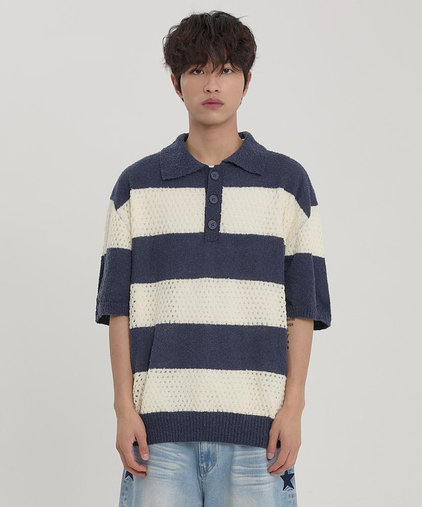 WAIKEI Scalloped Stripe Collared Short Sleeve Knit Navy