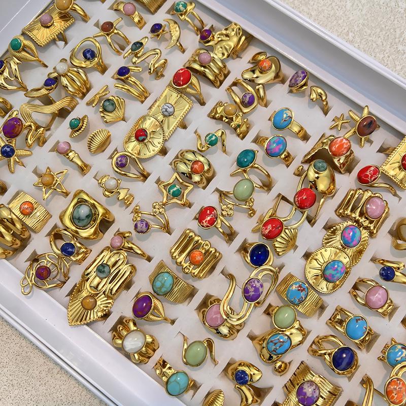 European-American Retro French Natural Stone Stainless Steel Ring Set