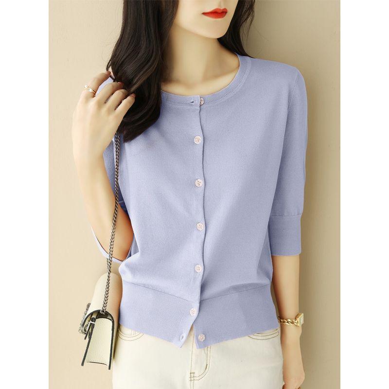 

Classy Purple Mid-Sleeved Button Cardigan T-shirt Tops Women s Clothing Summer New Arrival Shoulder round Neck Ice Silk Knitwear Thin Smoked clothes purple [high quality fabric]] 3XL