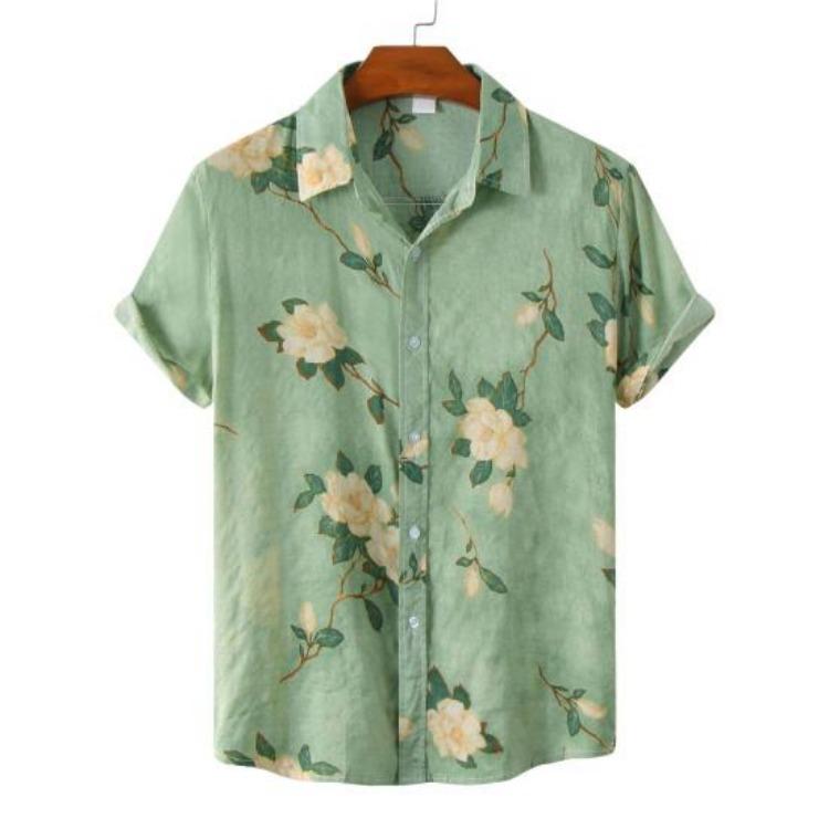 Men Summer Hawaiian Shirt Floral Leaves Print Streetwear Chic Single Breasted Thin Shirt