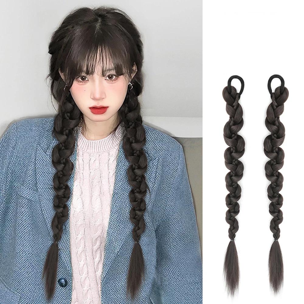 

synthetic wig Hip-Hop Girl Braided Twist Ponytail Long Wig Punk Hotties Natural Double Pony Tail Extensions Hair Accessories