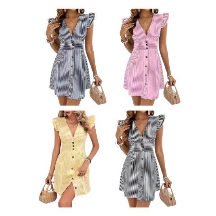 Summer Party Dress Women Striped Print Button Front V Neck Ruffle Cap Sleeve A Line Mini Dress
