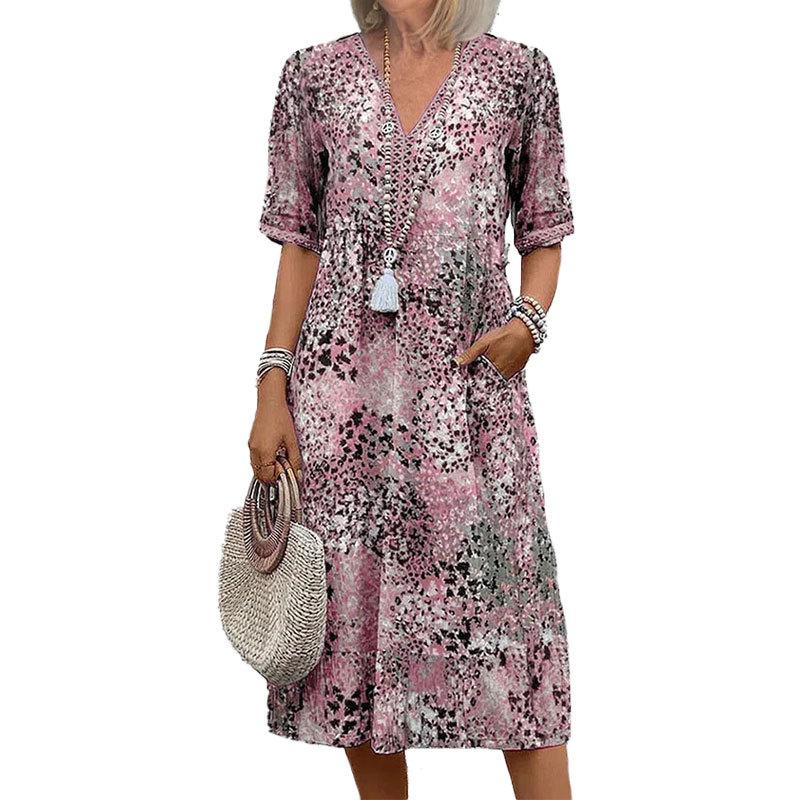 New Summer Women's Clothing Elegant and Fashionable Printed V-neck Short-sleeved Dress
