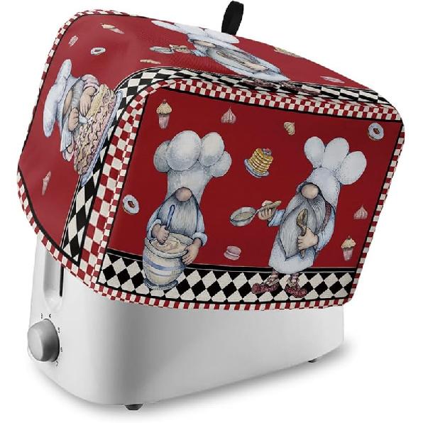 Kitchen Chef Gnomes Toaster Cover 2 Slice, Small Kitchen Appliance Covers, Rustic Red Checkered Dessert Toaster Oven Cover with Loop, Bread Machine 12 x7.5 x8