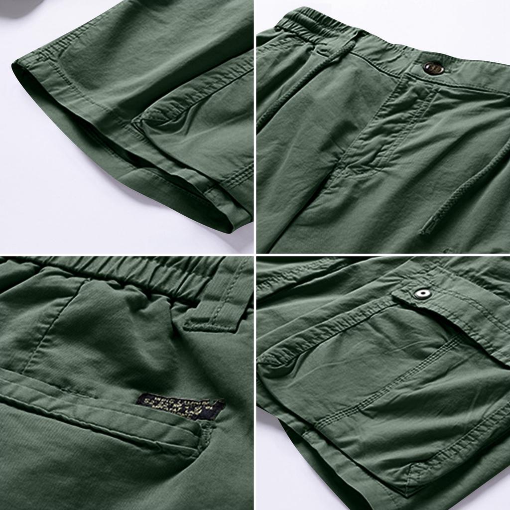 Men Vintage Shorts Cotton Multi Pocket Knee Length Cargo Shorts Streetwear Casual Outdoor Pants