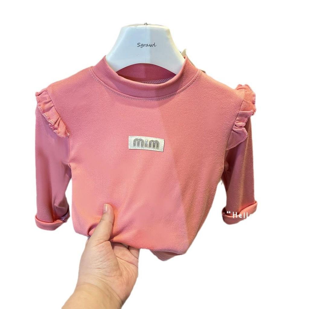 Girls' Autumn/Winter Velvet Fly Sleeve Top - Korean Style Semi-High Neck for Middle & Big Girls