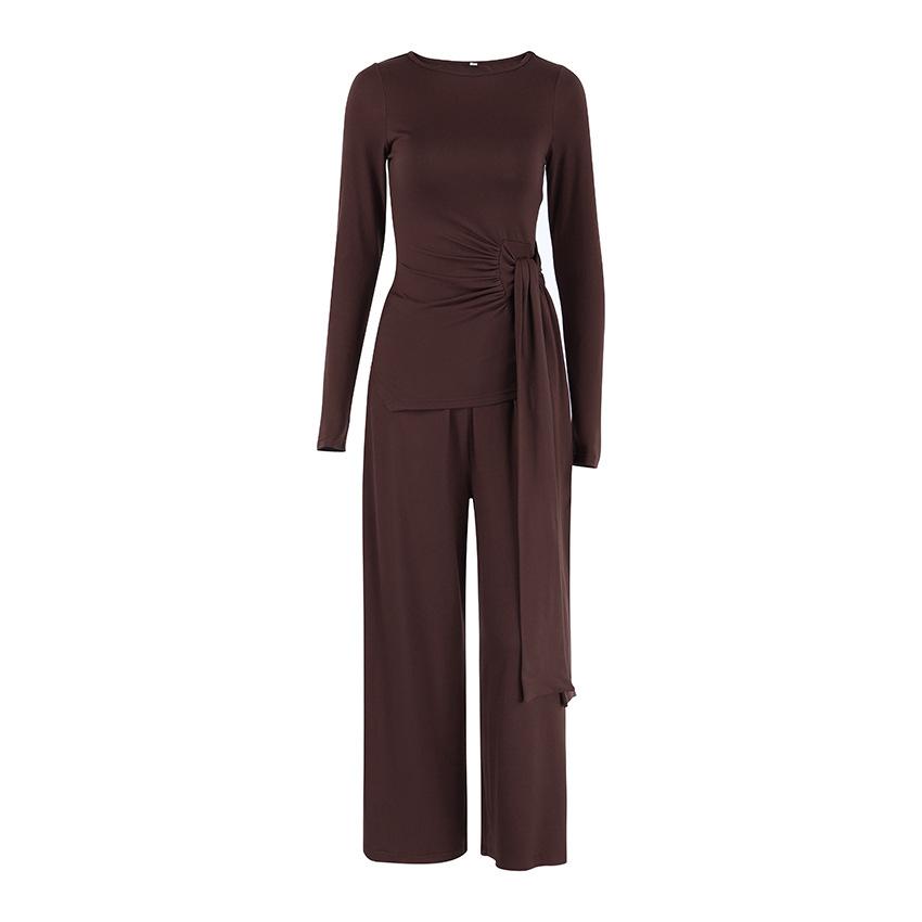 1116 Autumn American Retro Two-piece Set Women's Long Sleeve Waist Lace-up Irregular Top High Waist Casual Pants Set