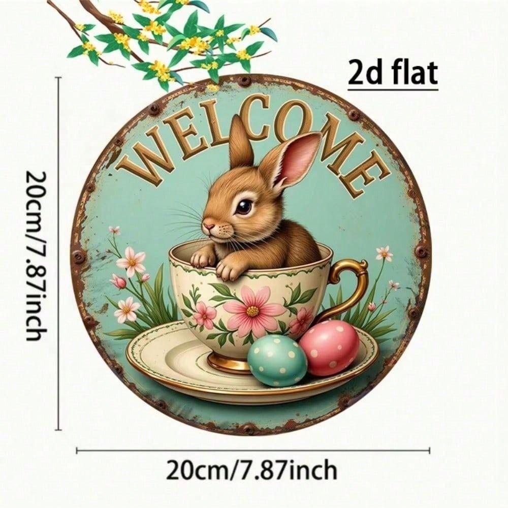 Metal Wall Art Rabbit Flower Spring Round 2D Aluminum for Living Room