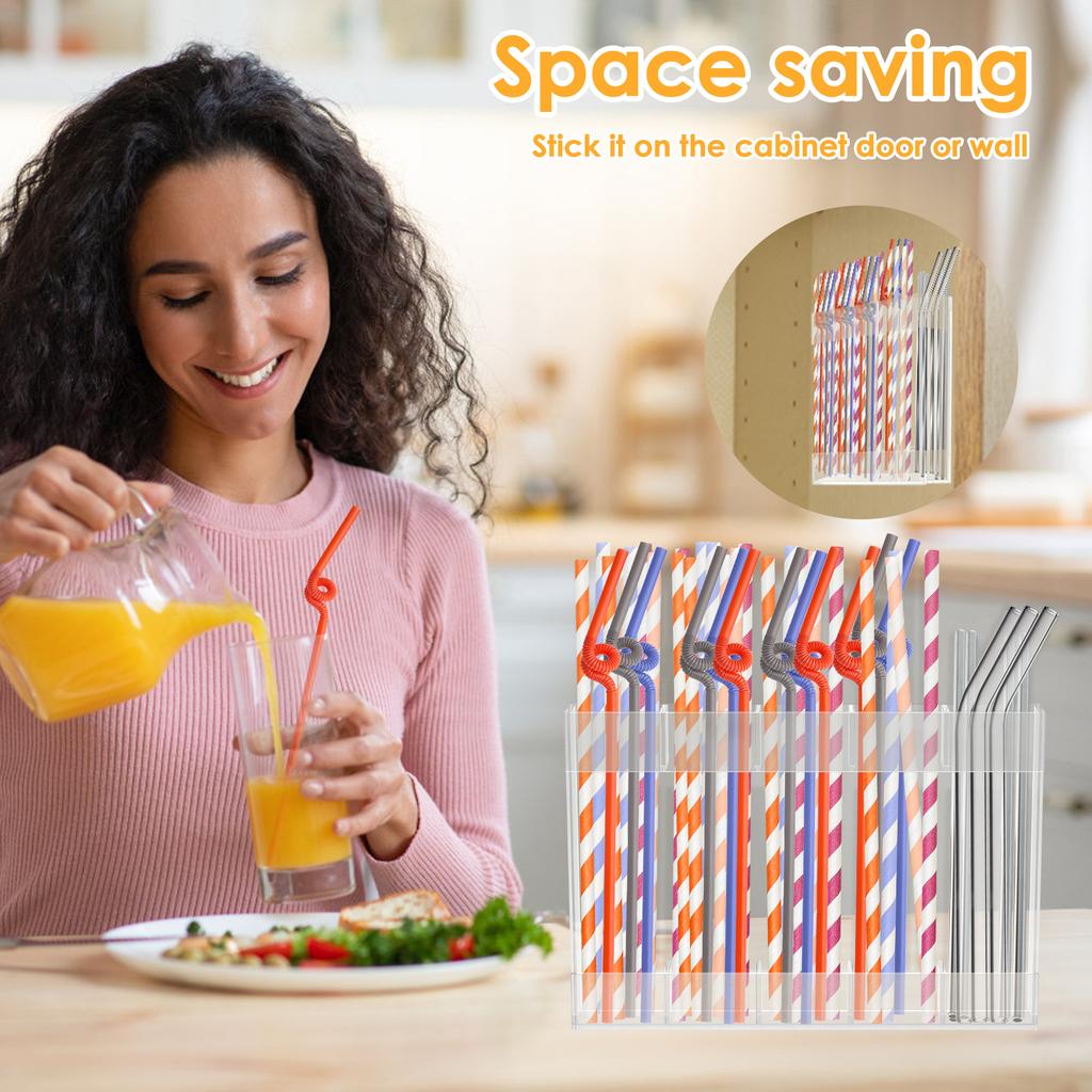 Acrylic Straw Holder With Sticker Reusable Straw Organizer Storage Rack for Drinking Straws Cabinet Door Mounted