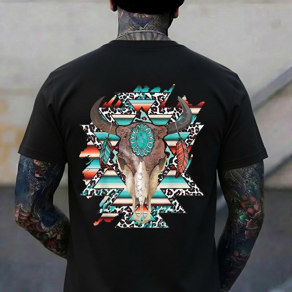 Boho Serape Turquoise Aztec Cow Bull Skull Western Cowgirl T-Shirt M