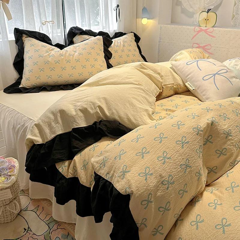 1.5/1.8 Korean Style 100% Cotton Fitted Sheet Sets with Lace Flower Print Bedding Set for Seasons Home Bedclothes for Adult Kids