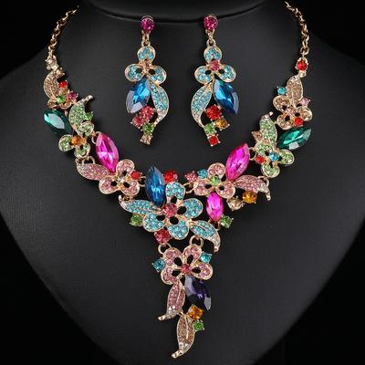 3psc Sweet and Romantic Three-dimensional Floral Women's Alloy Necklace Earrings Dignified and Elegant Banquet Dress Zircon Set