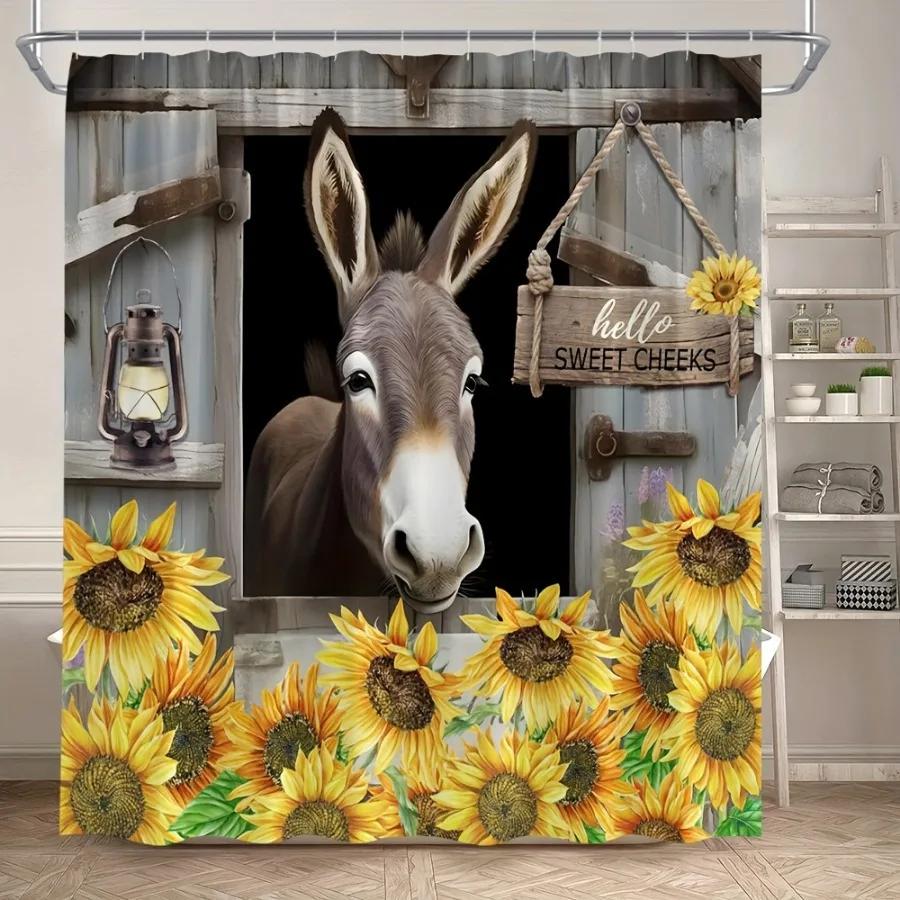 Vibrant Donkey Sunflower Shower Drapery - Machine Washable, gift Polyester Fabric with Hooks Included - Perfect for Bathroom Dec