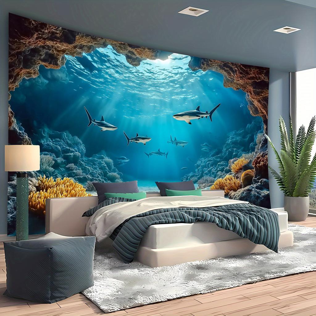 Oceanic Serenity Wall Tapestry For Living Room Decor, Featuring A Stunning Underwater Scene With Graceful Sharks Swimming