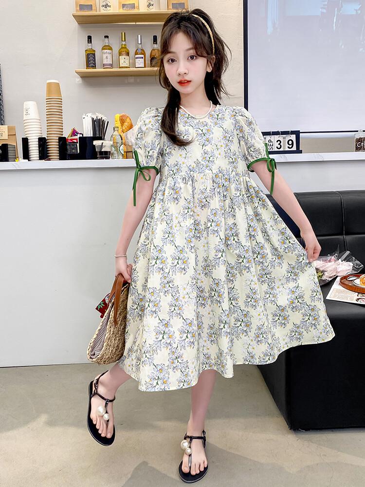 Girls' Summer Sweet Bubble Sleeves Floral Princess Dress