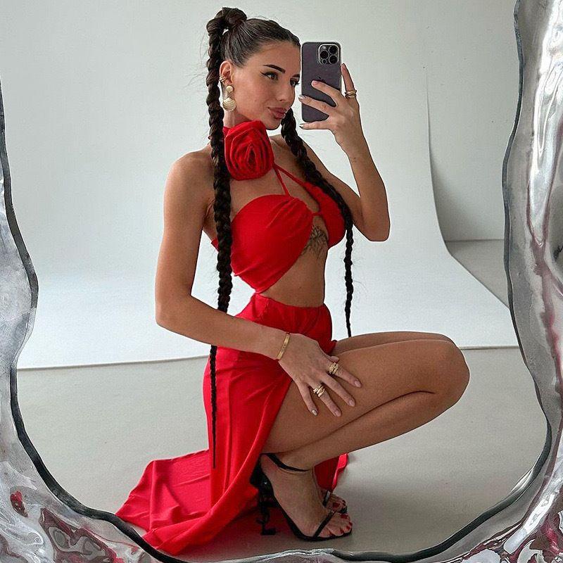 European and American Women's Clothing 2024 Autumn New Arrival Tether Halterneck Wrapped Chest Red Two-piece Set Sexy Split Maxi Dress Suit Women