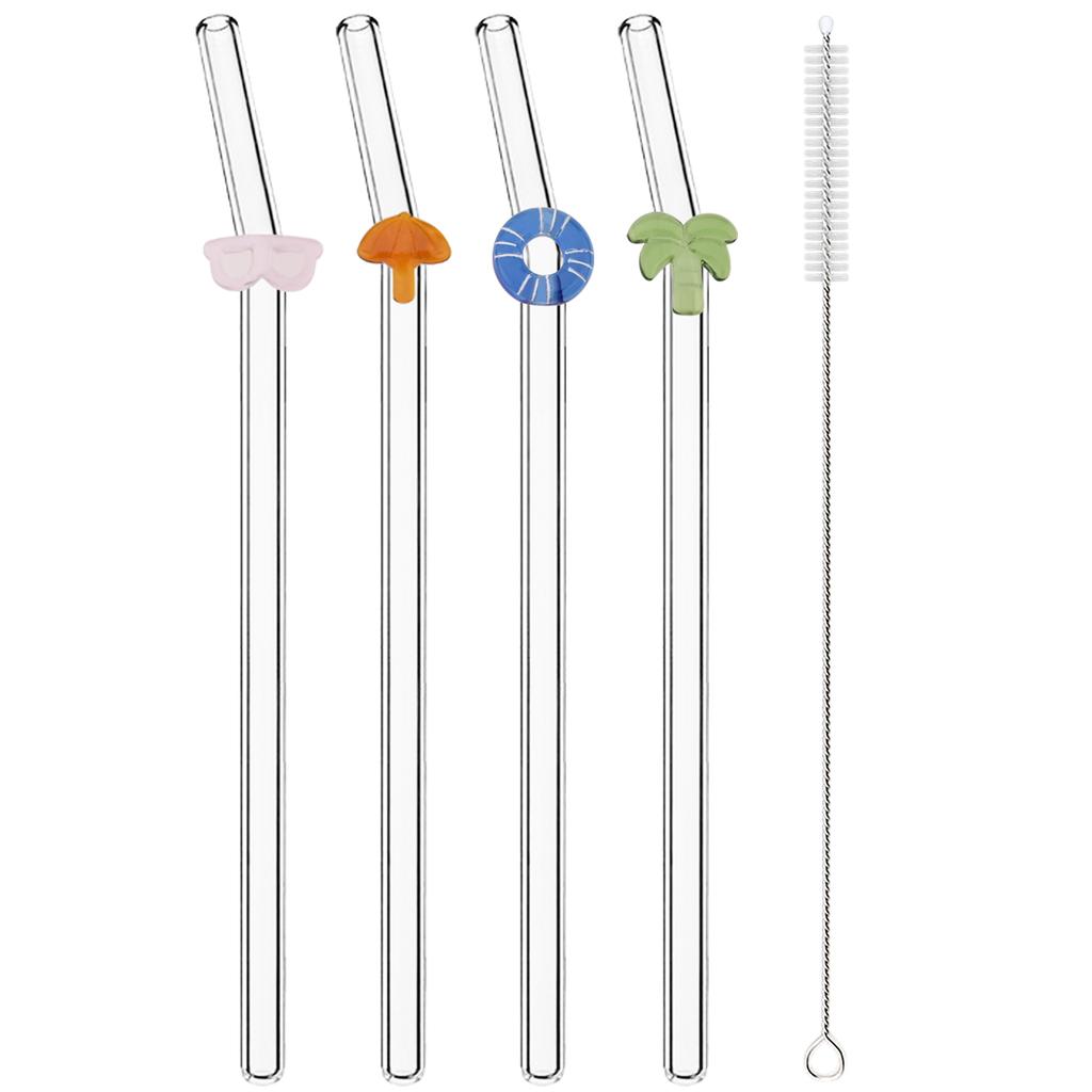4pcs Summer Vacation Glass Straw Milk Tea Juice Cocktail Straw with Brush High Borosilicate Glass Straw Set Bar Accessories