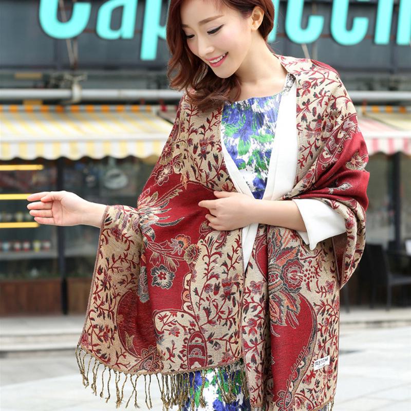 Ethnic Style Double-Sided Gold Thread Jacquard Women's Cheongsam Shawl Scarf - Thickened for Autumn and Winter