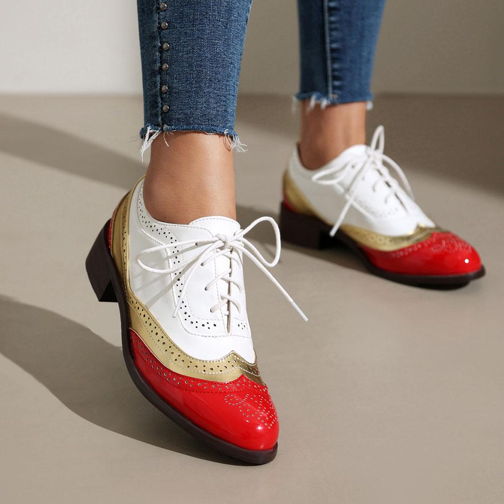 Plus Size 48 Women's Contrast Color Pumps Lace Up Hollow Out Dressy Chunky Heels Round Toe Comfort Daily Footwear