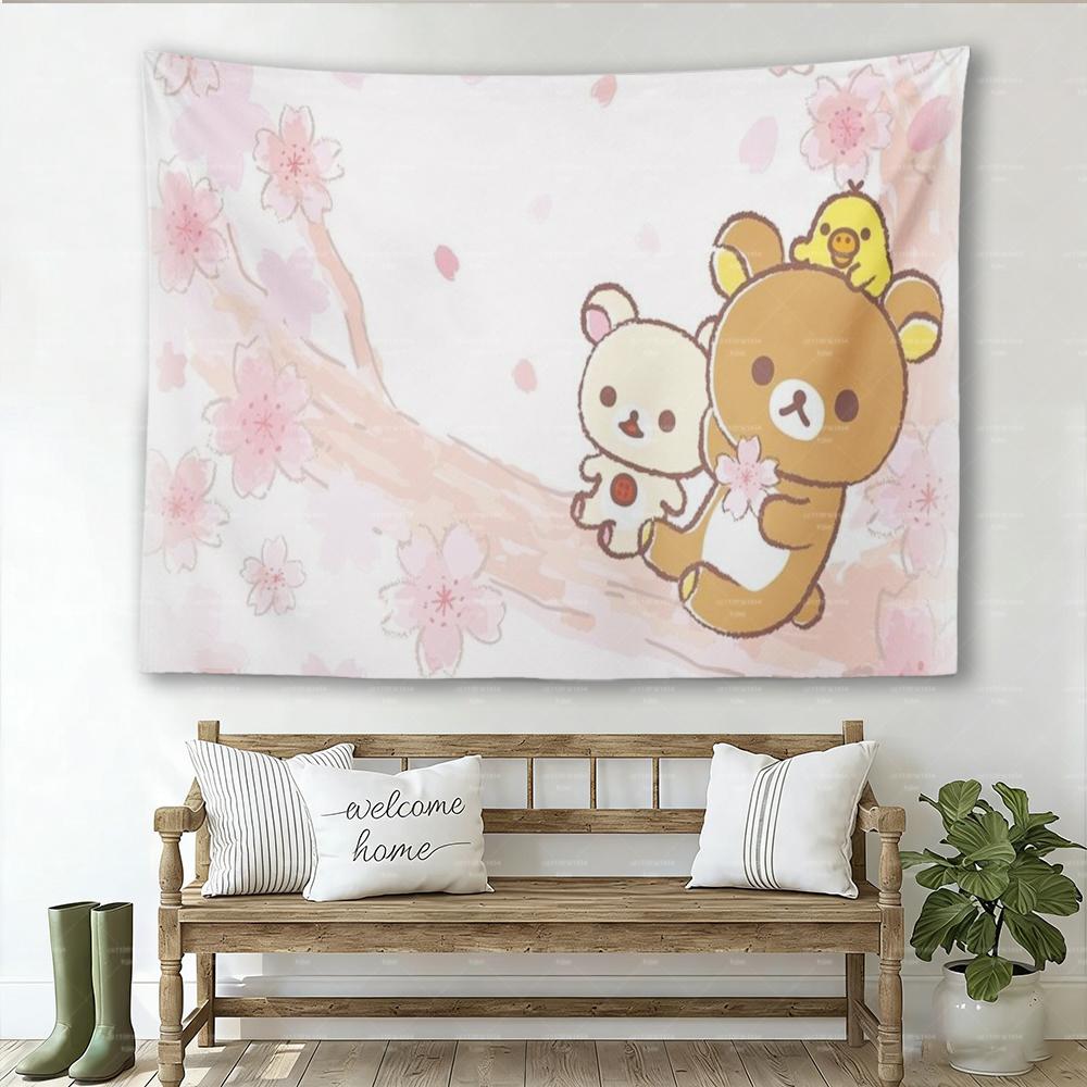 Kawaii Cherry Blossom Bear Floral Wall Tapestry Cute Aesthetic Dorm Wall Hanging