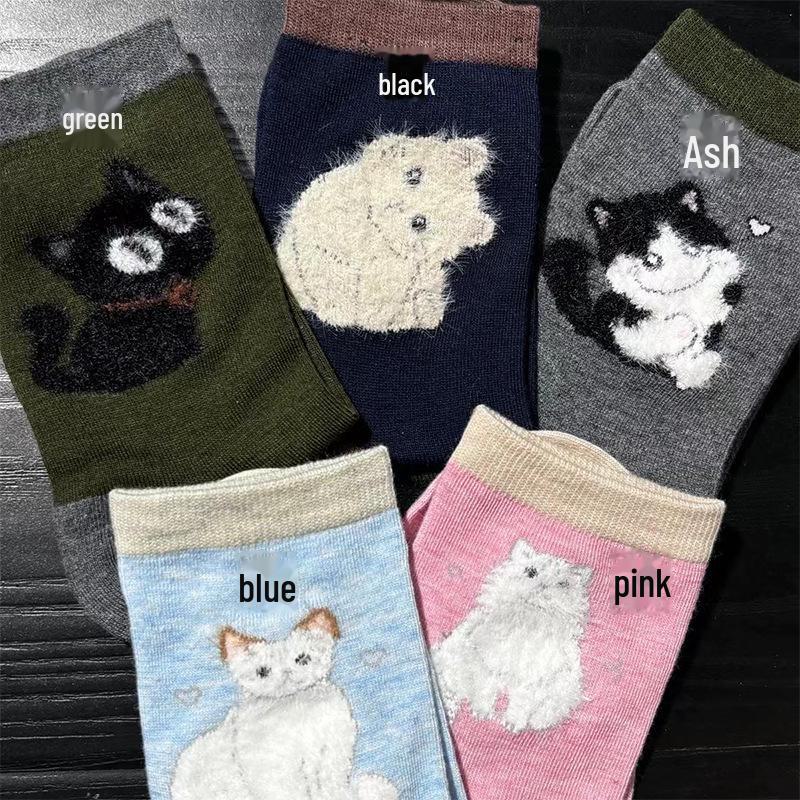

Женские милые носки с котятами: Весна и осень, средняя длина, спортивный стиль One Size синий