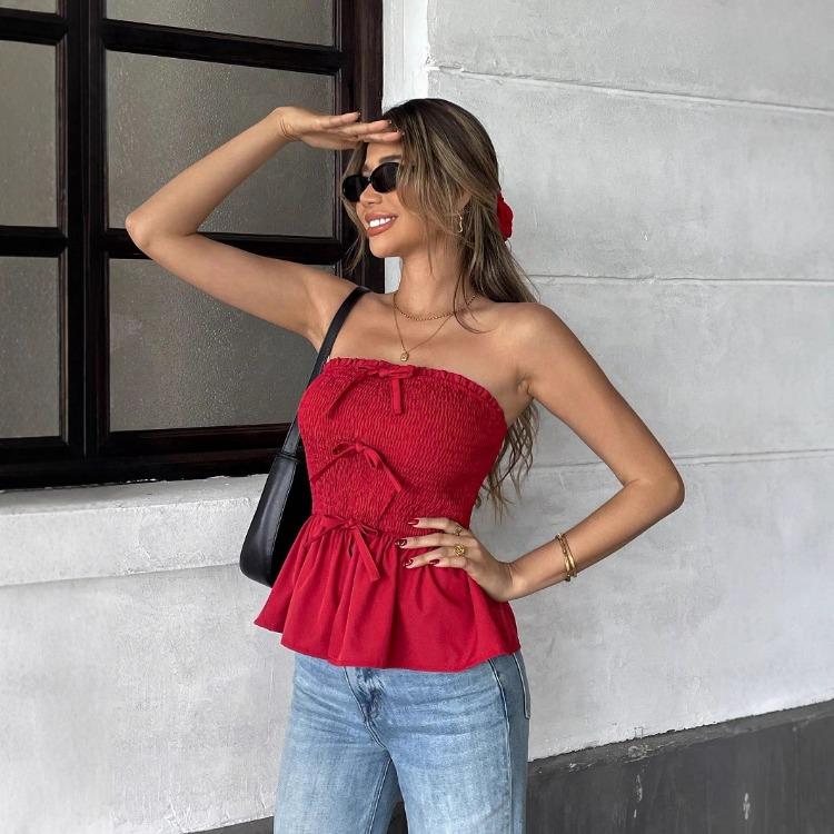 2025 New Model Pleats To Wipe Breast Flappy Bow Short Section Show Thin Foreign Style Red Blouse Female