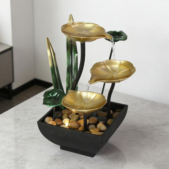 Stolní vodní fontána pro relaxaci s kameny, 3úrovňová, s listem lotosu, malá vodopádová fontána se světlem, pro vnitřní použití, Zen, dekorace na stůl do domácnosti, ložnice
