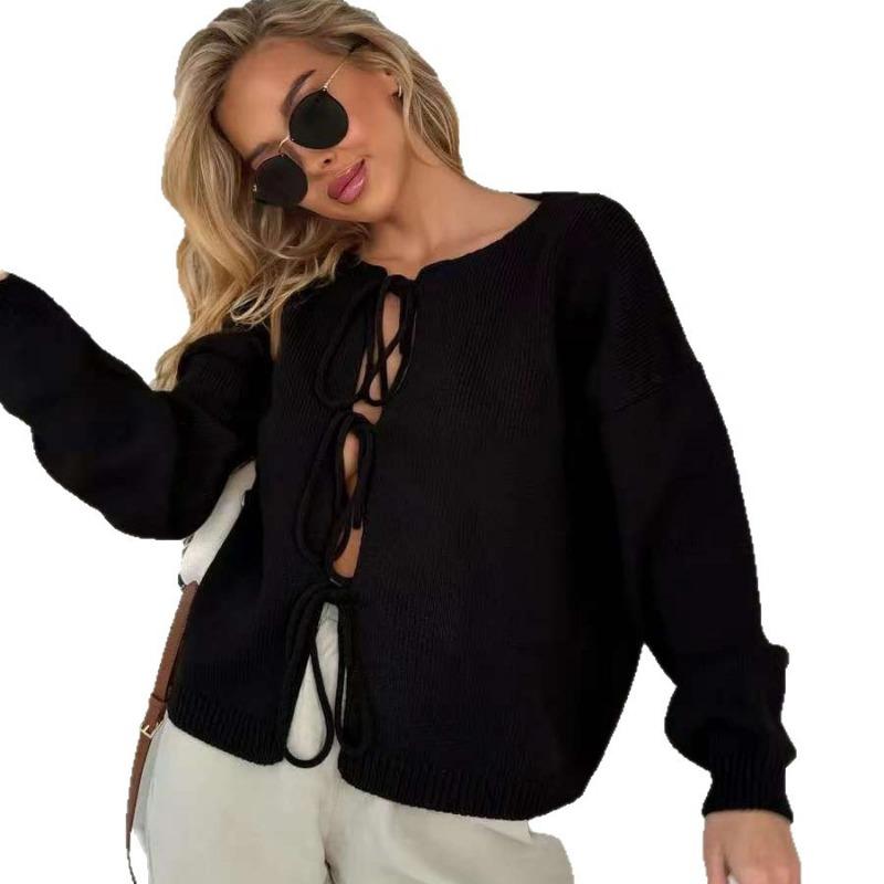 Women S Loose Knit Long Sleeve Round Neck Tie Cardigan Sweater