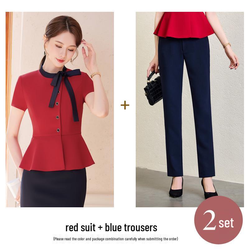 Women's Summer Professional Pant Suit Set - Short Sleeve Work Uniform for Receptionists and Beauticians
