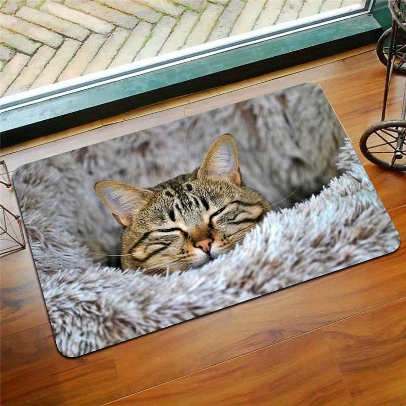1Pcs Cozy Cat Pattern Floor Mat Modern Kitchen Polyester Rug Non-Slip Colorful Indoor Carpet, For Home Bathroom Bedroom Living Room Decor