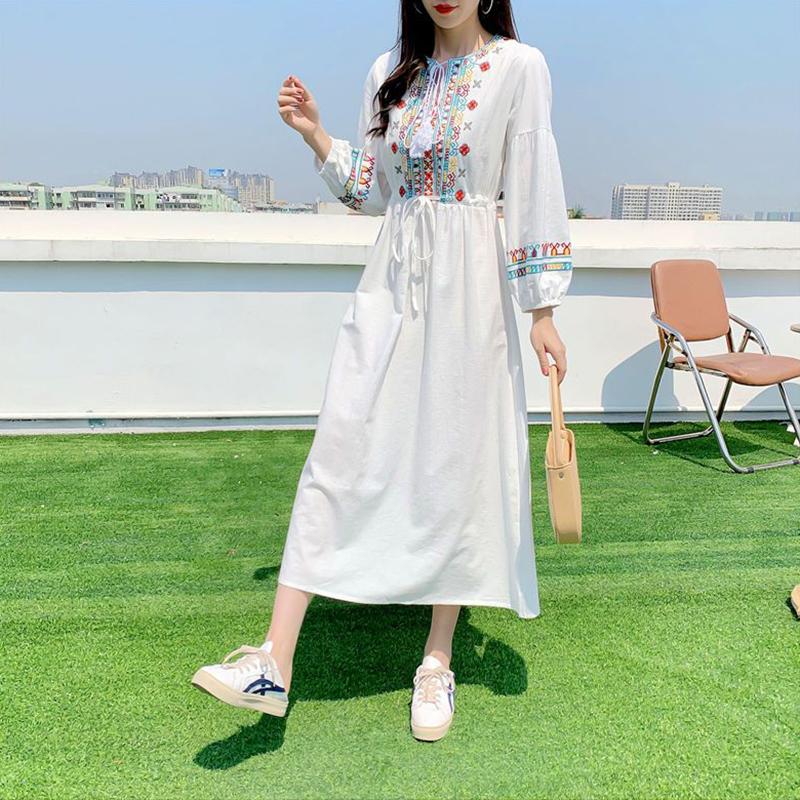 

Этническое ветровое длинное платье, белое длинное платье из хлопка и льна с вышивкой, пляжные платья для отдыха для женщин S белый