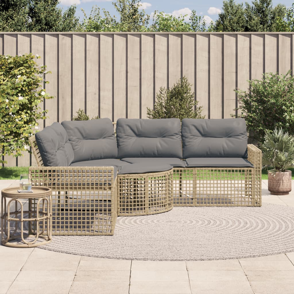 L shaped Garden Sofa with Cushions and Footstool Beige Poly Rattan