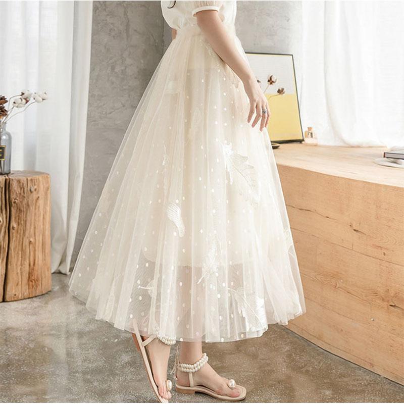 

Женская сетчатая юбка с вышивкой перьями, кружевная юбка-пачка с эластичной резинкой на талии, юбка-пачка принцессы трапециевидной формы, юбка феи средней длины с высокой талией S бежевый