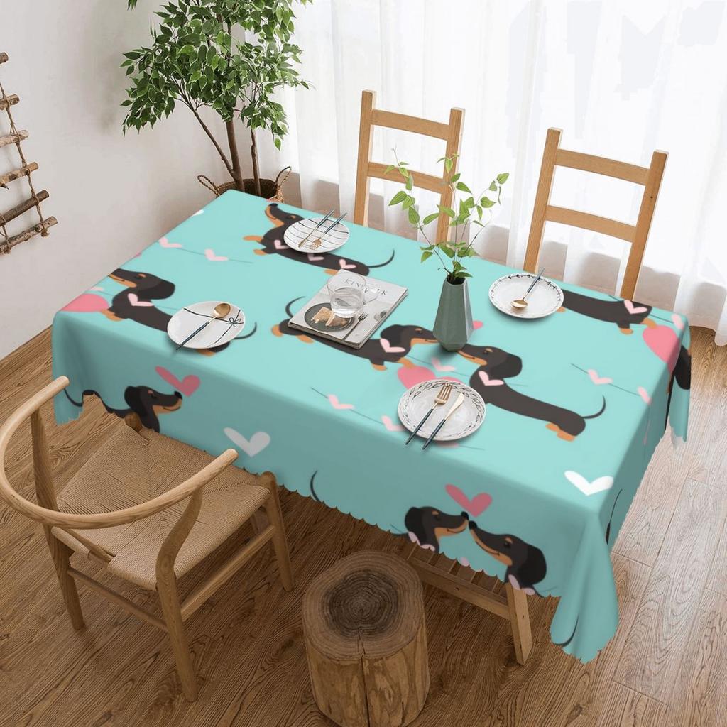 Rectangular Couple Dachshund Dog Pattern With Heart Table Cloth Waterproof Tablecloth Outdoor Table Cover