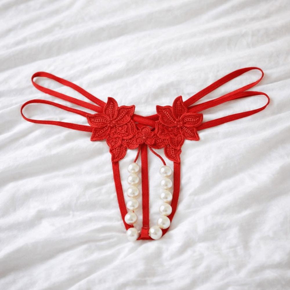 Open Crotch Pearl Lace Underwear Low-waist Mesh Lace Briefs Women's Bigsize Thong  Female