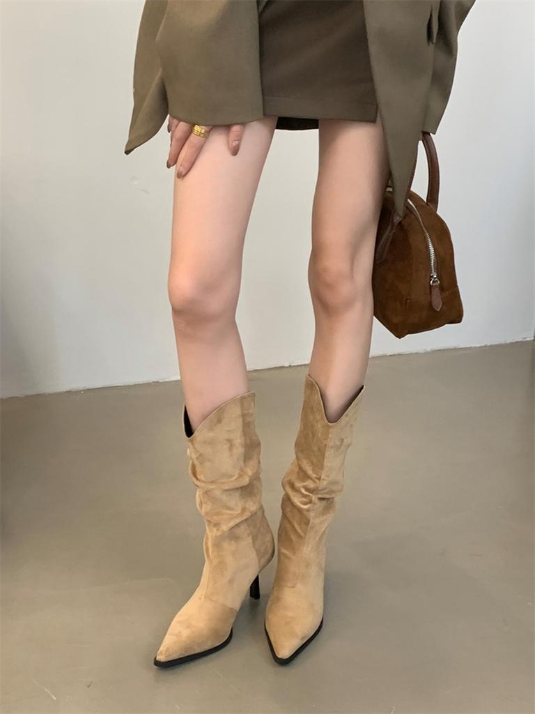 Fashion Pointed Toe Women Mid Calf Boots Chelsea Botas Thin High Heels 2024 New Arrivals Black Beige Brown Party Pumps Shoes Woman 35-39