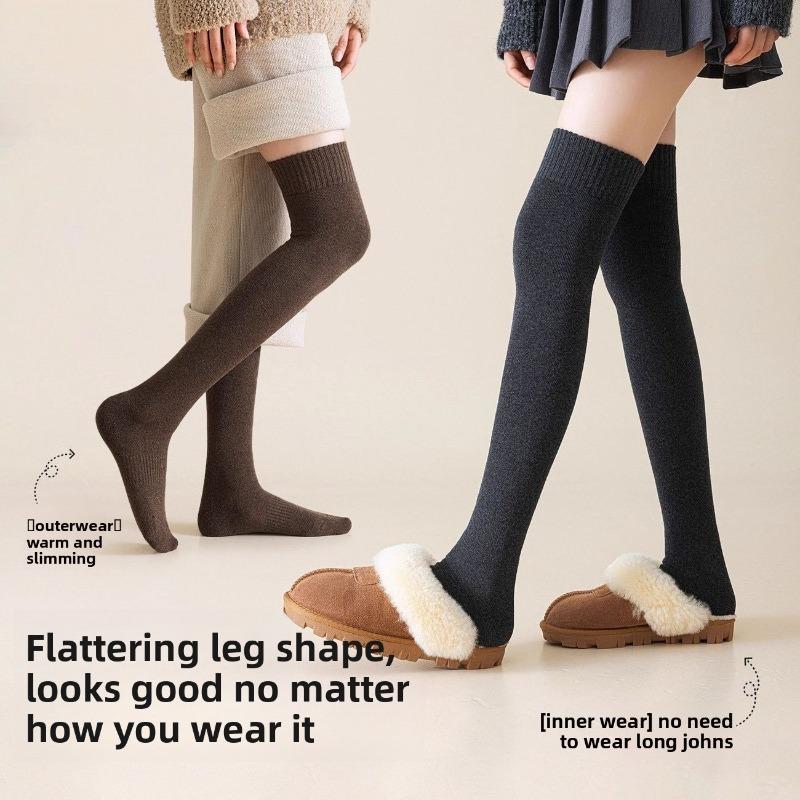 Thick and Warm Padded Women's Long Knee Socks with Woolen Cuffs for Autumn and Winter. Knee-length Over-the-knee Socks for Warmth.