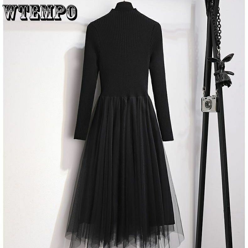 Strikket kjole Dame Vinter Slim Genserkjole Ensfarget Sexy Halvhøy hals Pullover