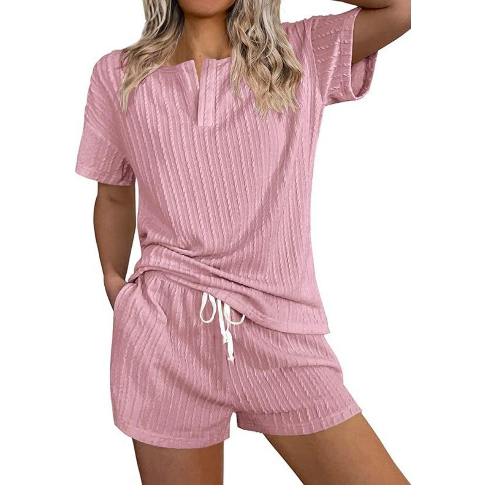 Simple Style Women's Sleepwear with Texture and Patterned Cotton Short-Sleeved Shorts Set with V-Neck Pockets for Home Use