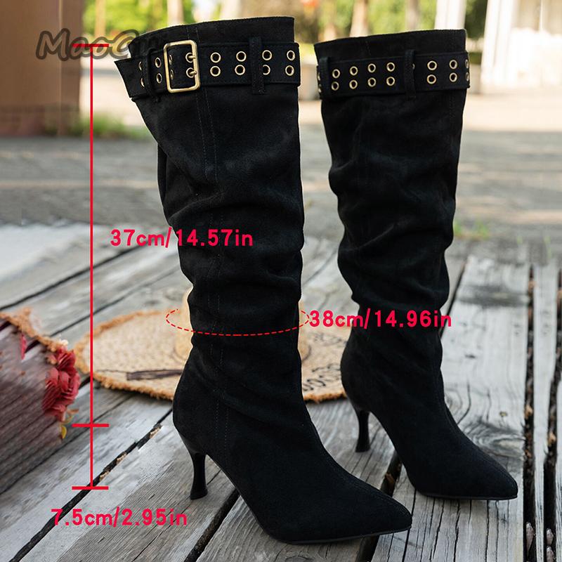 

Модные ботфорты на высоком каблуке с ремешком с пряжкой для женщин, модные туфли для вечеринок с острым носком и каблуком-стилетом, женские ботфорты до колена с плиссированным дизайном 36 чёрный