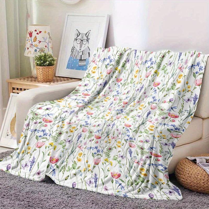 Watercolor Wildflower Flannel Throw Blanket Colorful Meadow Floral Print Soft Sofa Throw Blanket