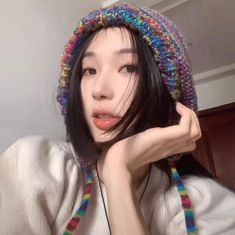 Autumn and winter warm color knitted ear protectors pullover wool hat women's face small rainbow tied hat