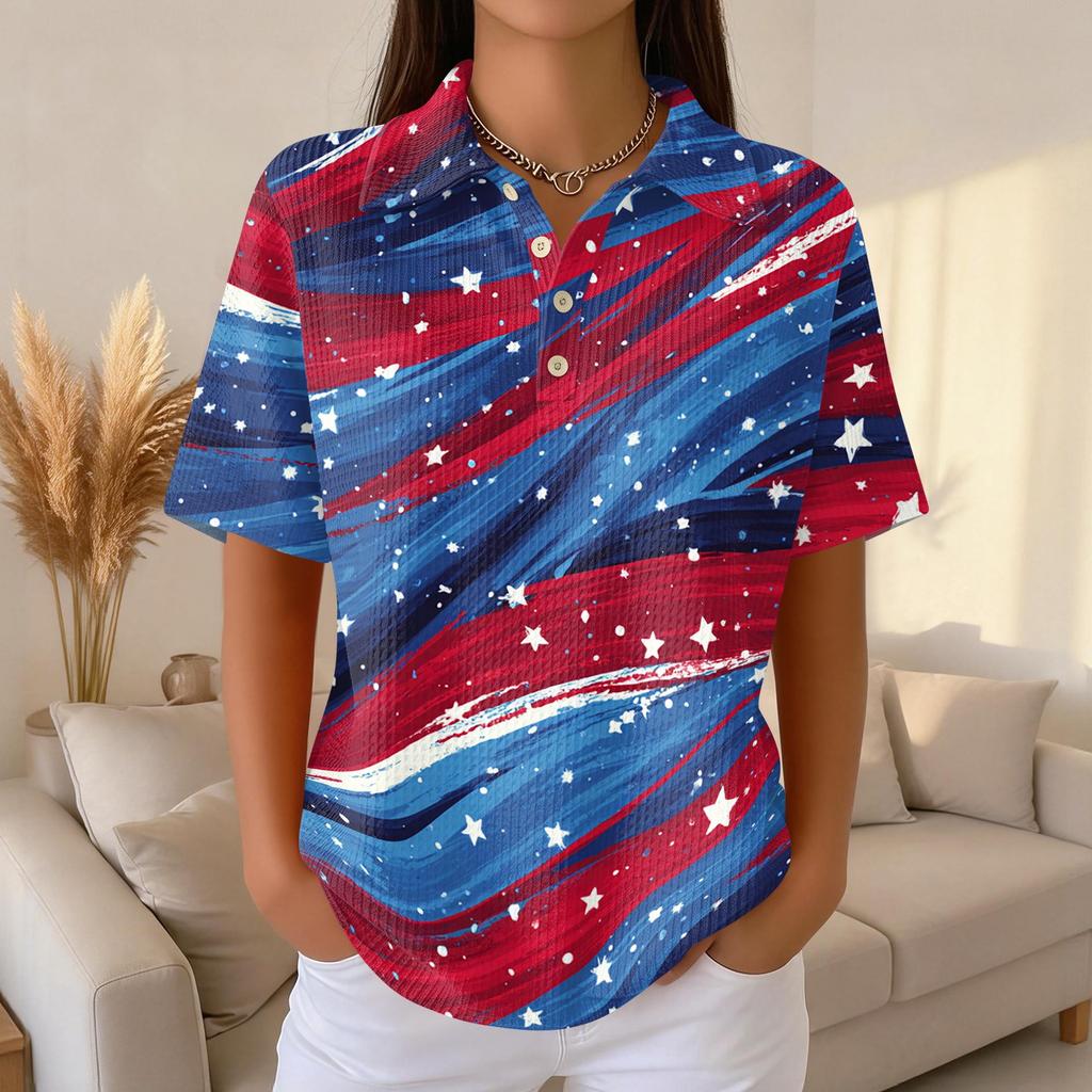 Women’s Casual Short Sleeve Knit Polo Shirt with Independence Day Printed Design and Relaxed Fit for Everyday Wear