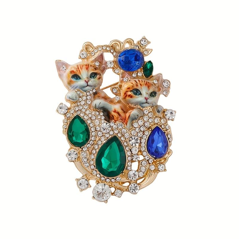 Vintage Baroque Jewelry Brooch Set With Double Cat Design Women Elegant Rhinestone Embellishments Perfect Daily Wear Or Gifting